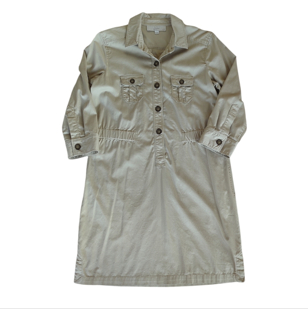 Ann Taylor Loft Khaki Safari Button Tab Sleeve Collared Dress SP Tan Pockets - Picture 11 of 16